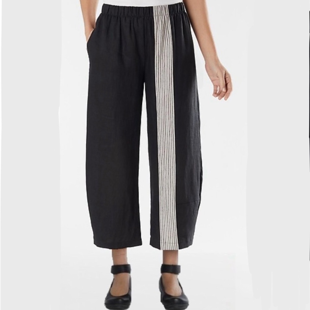 Lisa Bayne Stanza Cropped Wide Leg Linen Pants Black Stripe Detail Size Large